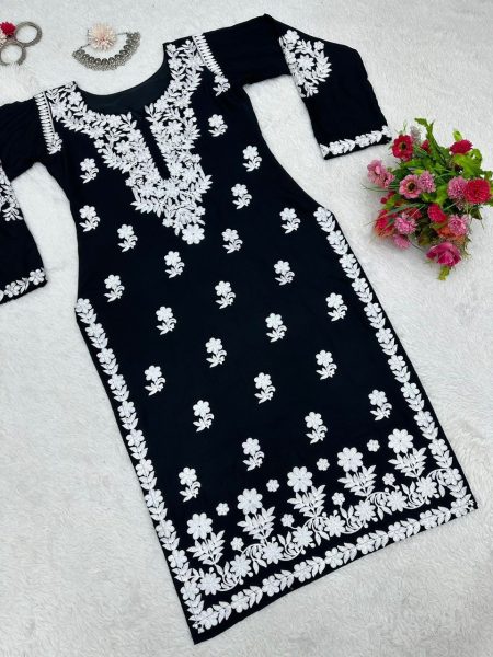 black Color Chikankari Rayon Kurti Lucknowi Chikankari Kurtis Wholesale