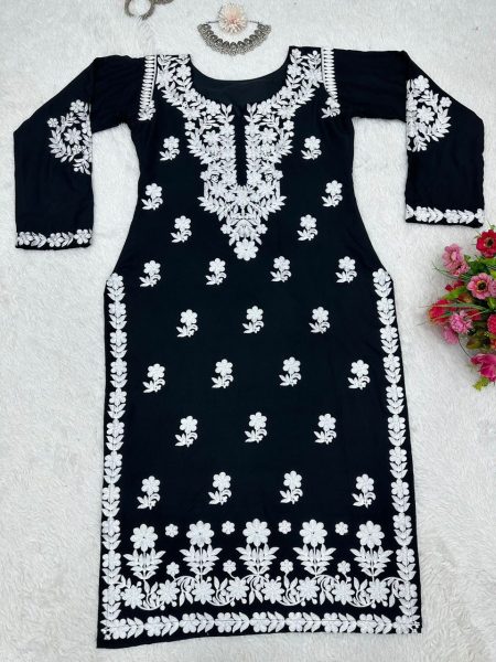 black Color Chikankari Rayon Kurti Lucknowi Chikankari Kurtis Wholesale