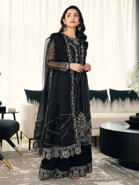 Black Color Chinon Silk Embroidery Work Suits Designer Plazzo Salwar Suits Wholesale