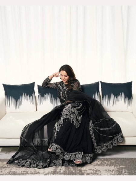 Black Color Chinon Silk Embroidery Work Suits Designer Plazzo Salwar Suits Wholesale