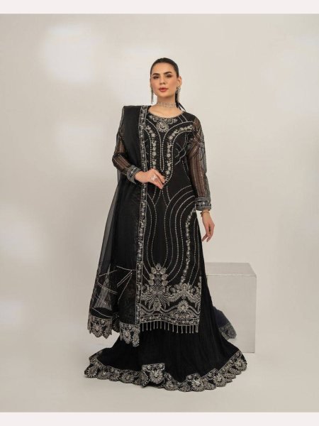 Black Color Chinon Silk Embroidery Work Suits Designer Plazzo Salwar Suits Wholesale