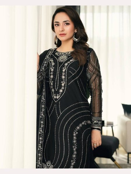 Black Color Chinon Silk Embroidery Work Suits Designer Plazzo Salwar Suits Wholesale