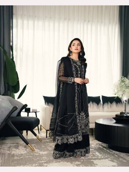 Black Color Chinon Silk Embroidery Work Suits Designer Plazzo Salwar Suits Wholesale
