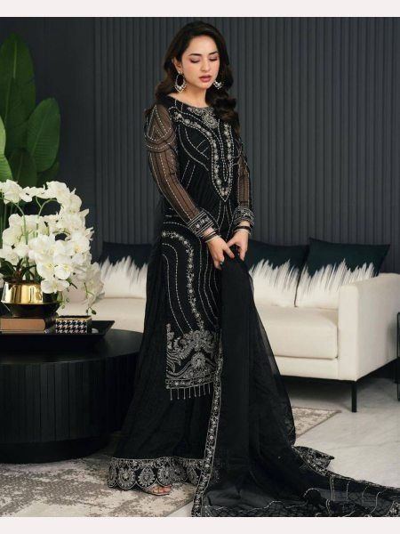 Black Color Chinon Silk Embroidery Work Suits Designer Plazzo Salwar Suits Wholesale