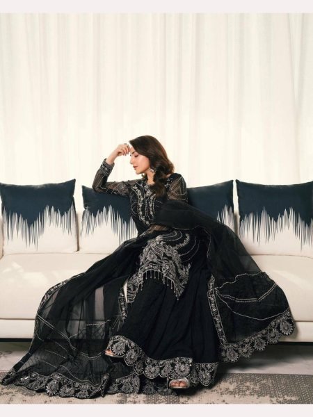Black Color Chinon Silk Embroidery Work Suits Designer Plazzo Salwar Suits Wholesale