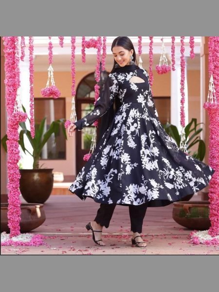 Black Color Digital  Georgette Anarkali Kurti with dupatta Kurti With Dupatta Wholesale