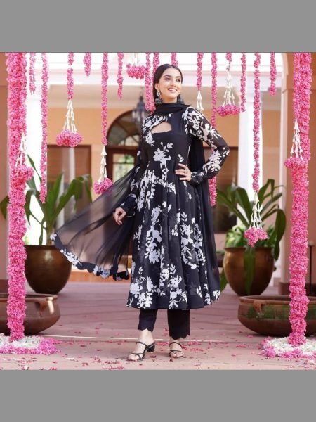 Black Color Digital  Georgette Anarkali Kurti with dupatta Kurti With Dupatta Wholesale