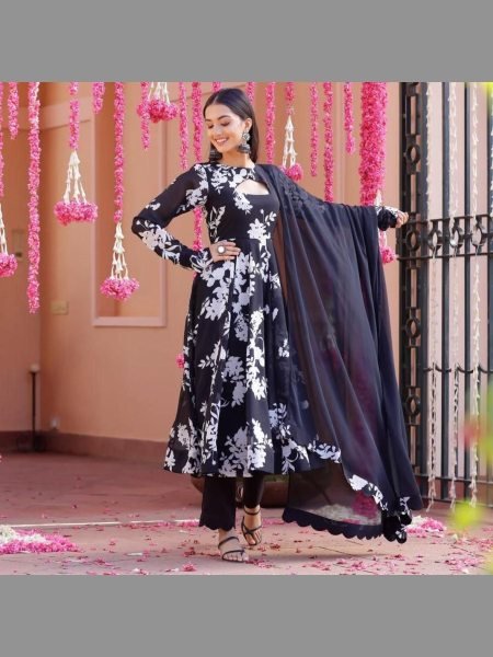 Black Color Digital  Georgette Anarkali Kurti with dupatta Kurti With Dupatta Wholesale