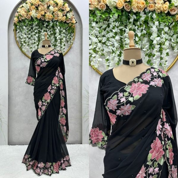 Black Color Faux Georgette Saree With Pearl Work  Georgette Sarees Wholesale