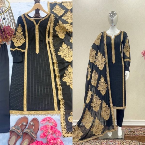 Black Color Faux Georgette With Heavy Embroidery Work Kurti Set 3 Piece Kurti Set
