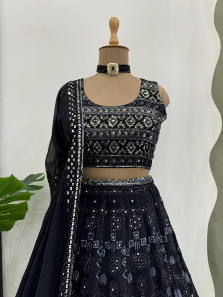 Black Color Foux Georgette Lehenga Choli With Sequence Work  Bollywood Lehenga Choli