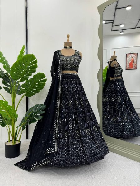 Black Color Foux Georgette Lehenga Choli With Sequence Work  Bollywood Lehenga Choli