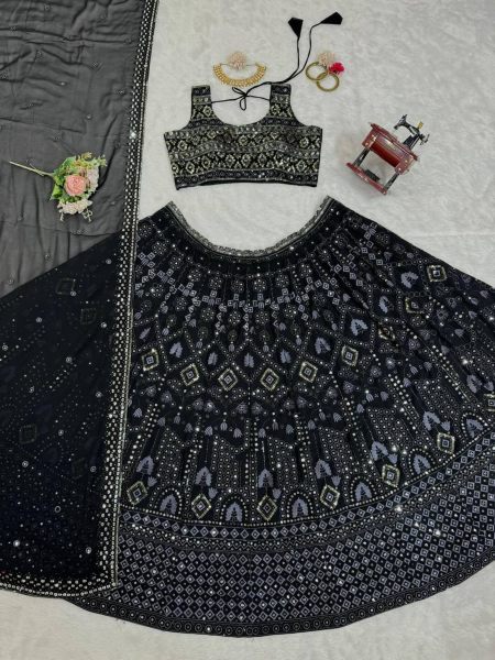 Black Color Foux Georgette Lehenga Choli With Sequence Work  Bollywood Lehenga Choli