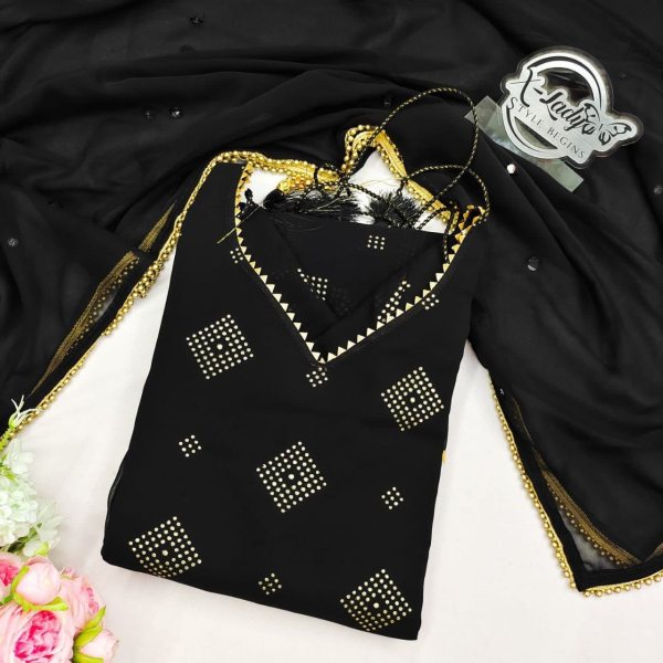 Black Color Fox Georgette Gold Print Kurti With Dupatta  Kurti With Dupatta Wholesale