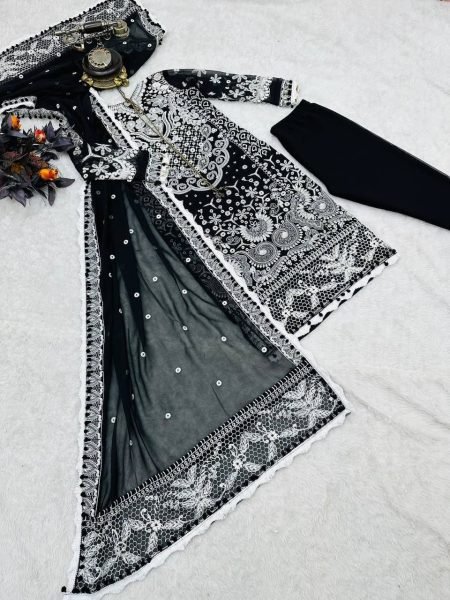 Black Color Fox Georgette Suits With Embroidery Work  Ready To Wear Collection