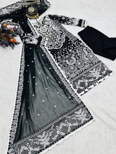 Black Color Fox Georgette Suits With Embroidery Work  Ready To Wear Collection