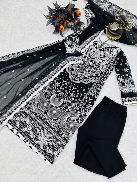Black Color Fox Georgette Suits With Embroidery Work  Ready To Wear Collection