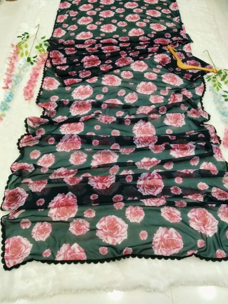 Black Color Georgette And Flower Printed Ready To Wear Saree Georgette Sarees Wholesale
