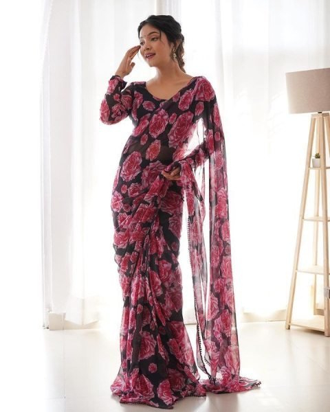 Black Color Georgette And Flower Printed Ready To Wear Saree Georgette Sarees Wholesale
