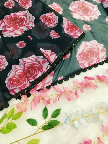 Black Color Georgette And Flower Printed Ready To Wear Saree Georgette Sarees Wholesale