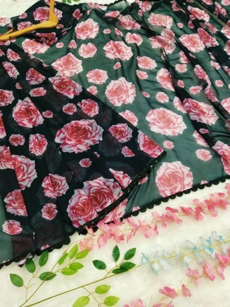 Black Color Georgette And Flower Printed Ready To Wear Saree Georgette Sarees Wholesale