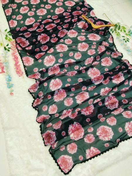Black Color Georgette And Flower Printed Ready To Wear Saree Georgette Sarees Wholesale