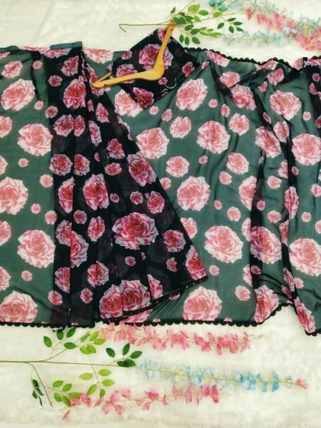 Black Color Georgette And Flower Printed Ready To Wear Saree Georgette Sarees Wholesale