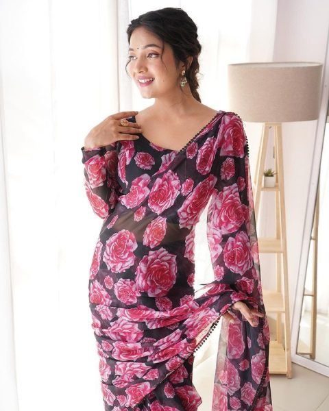 Black Color Georgette And Flower Printed Ready To Wear Saree Georgette Sarees Wholesale