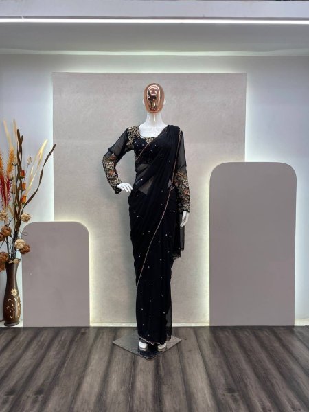 Black Color Georgette Saree And Embroidery Work  Georgette Sarees Wholesale