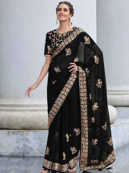 Black Color Georgette Saree With Seqeucen Work  Georgette Sarees Wholesale