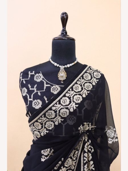 Black Color Georgette Saree With Seqeucen Work  Georgette Sarees Wholesale
