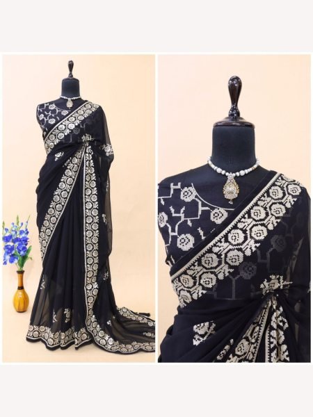 Black Color Georgette Saree With Seqeucen Work  Georgette Sarees Wholesale