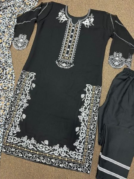 Black Color Heavy Fox Georgette Kurti Pant Set With Embroidery Work  Ready To Wear Collection