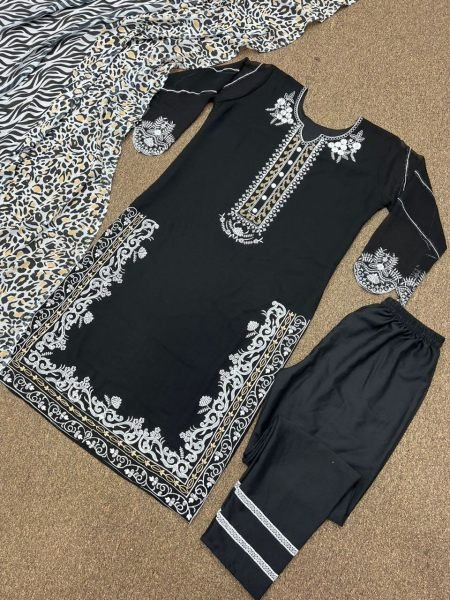 Black Color Heavy Fox Georgette Kurti Pant Set With Embroidery Work  Ready To Wear Collection