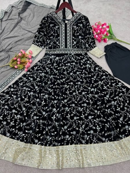 Black Color Heavy Velvet Embroidery Sequence Work Gown Pant With Dupatta  Anarakali Gown Wholesale