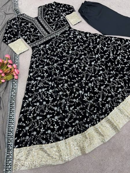 Black Color Heavy Velvet Embroidery Sequence Work Gown Pant With Dupatta  Anarakali Gown Wholesale