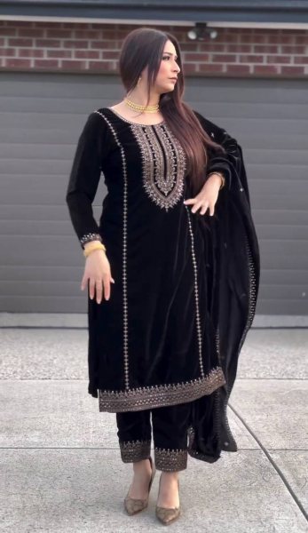 Black Color Heavy Viscose Velvet Embroidery Work Suits  Ready To Wear Collection