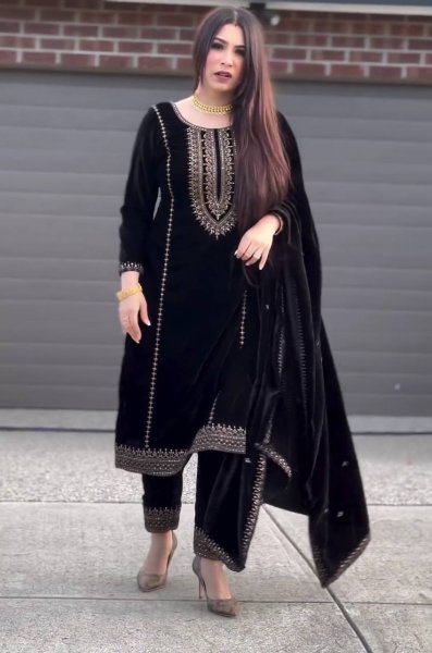 Black Color Heavy Viscose Velvet Embroidery Work Suits  Ready To Wear Collection