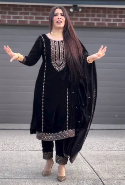 Black Color Heavy Viscose Velvet Embroidery Work Suits  Ready To Wear Collection