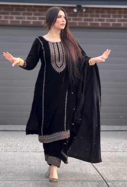 Black Color Heavy Viscose Velvet Embroidery Work Suits  Ready To Wear Collection