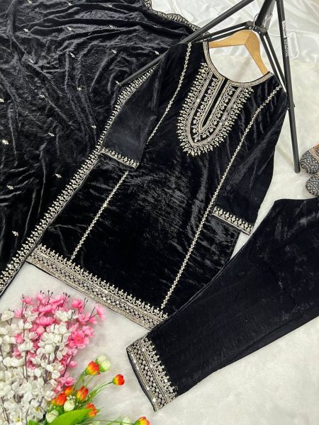 Black Color Heavy Viscose Velvet Embroidery Work Suits  Ready To Wear Collection