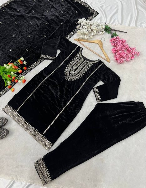 Black Color Heavy Viscose Velvet Embroidery Work Suits  Ready To Wear Collection