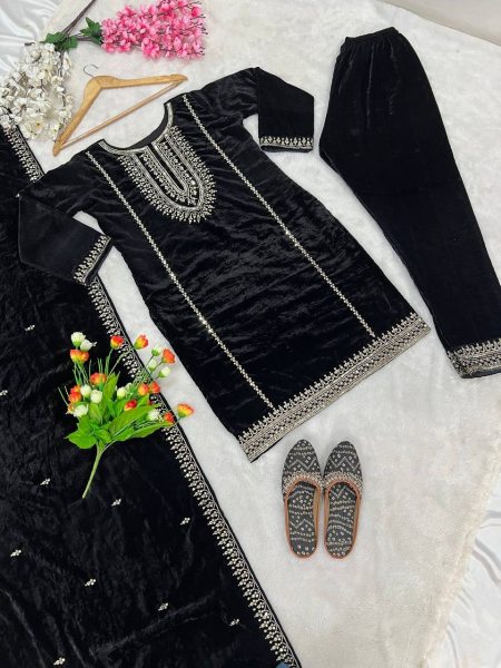 Black Color Heavy Viscose Velvet Embroidery Work Suits  Ready To Wear Collection