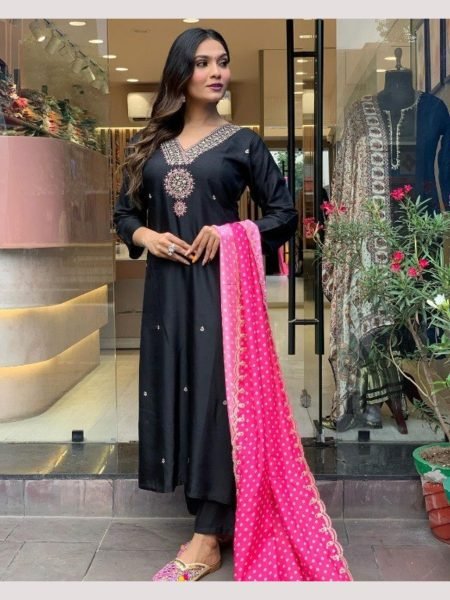 Black Color Malay Satin Kurti Pant With Dupatta  3 Piece Kurti Set