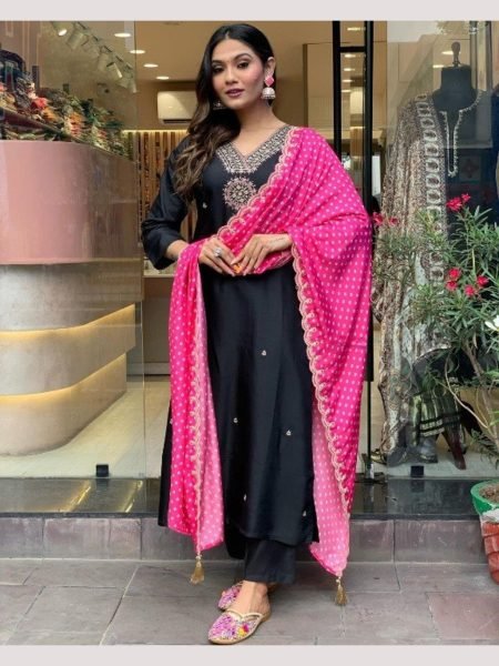 Black Color Malay Satin Kurti Pant With Dupatta  3 Piece Kurti Set