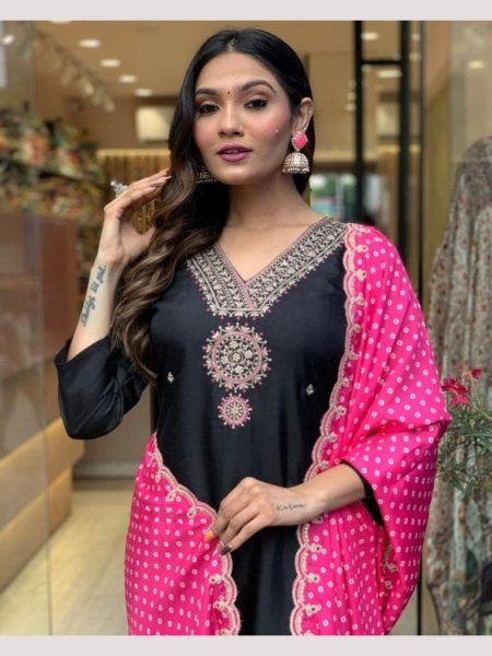 Black Color Malay Satin Kurti Pant With Dupatta  3 Piece Kurti Set