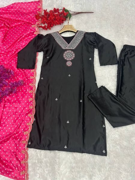 Black Color Malay Satin Kurti Pant With Dupatta  3 Piece Kurti Set