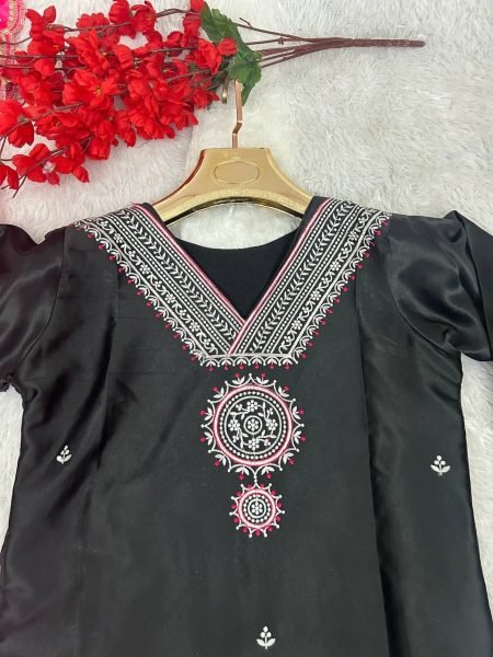 Black Color Malay Satin Kurti Pant With Dupatta  3 Piece Kurti Set