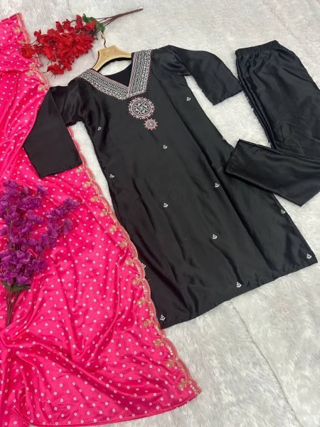 Black Color Malay Satin Kurti Pant With Dupatta  3 Piece Kurti Set
