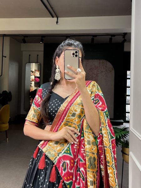  Black Color Patola Print With Foil Work Tussar Silk Lehenga Choli Set Navratri Lehnega Choli